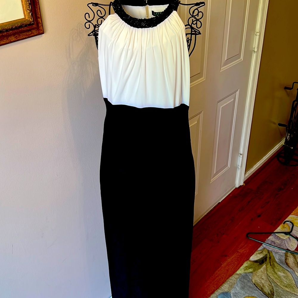 Ralph Lauren two toned cocktail dress full length with side split. Like new.